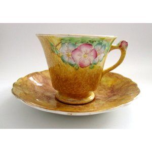 James Kent Longton England Brown Cup & Saucer & Flower Handle #2184 VTG - *READ*